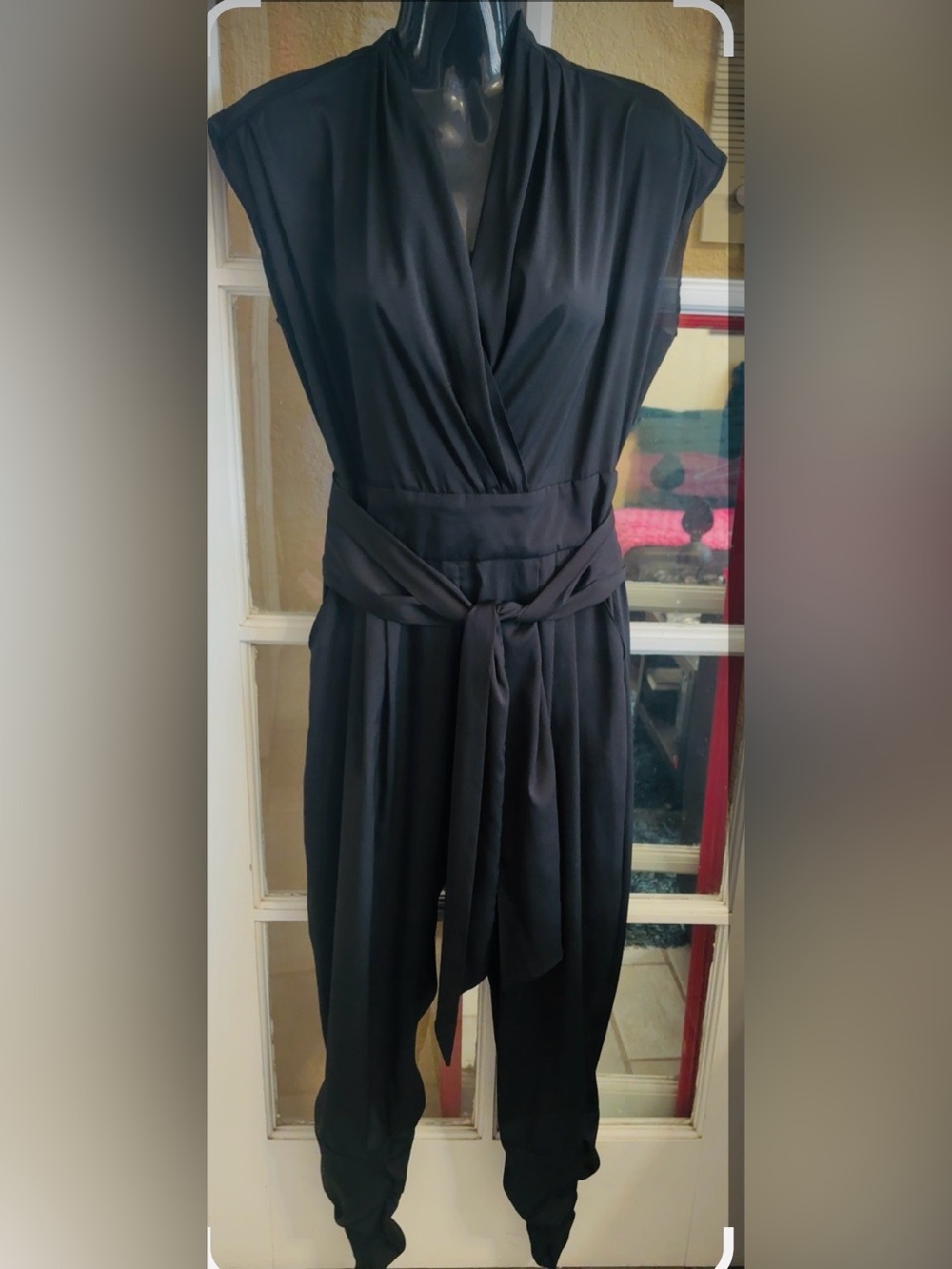 VENUS Black Draped V-Neck Jumpsuit with Waist Tie